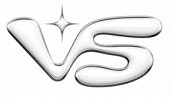 Silver 'VS' logo with a star in the middle on a white background